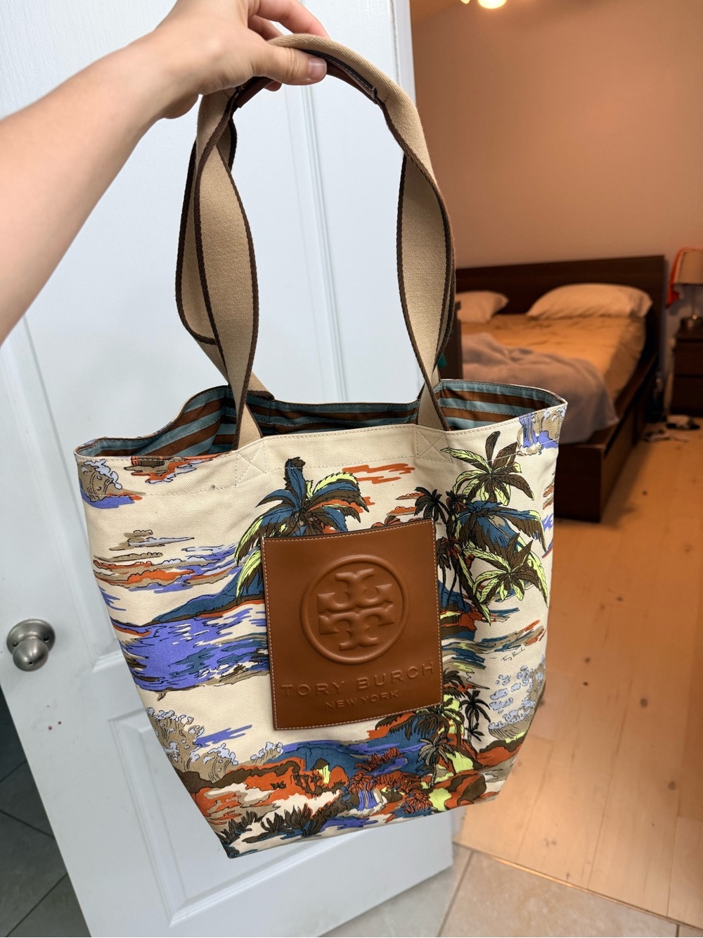 Tory Burch Beige Tropical Canvas Tote with Brown Leather Patch